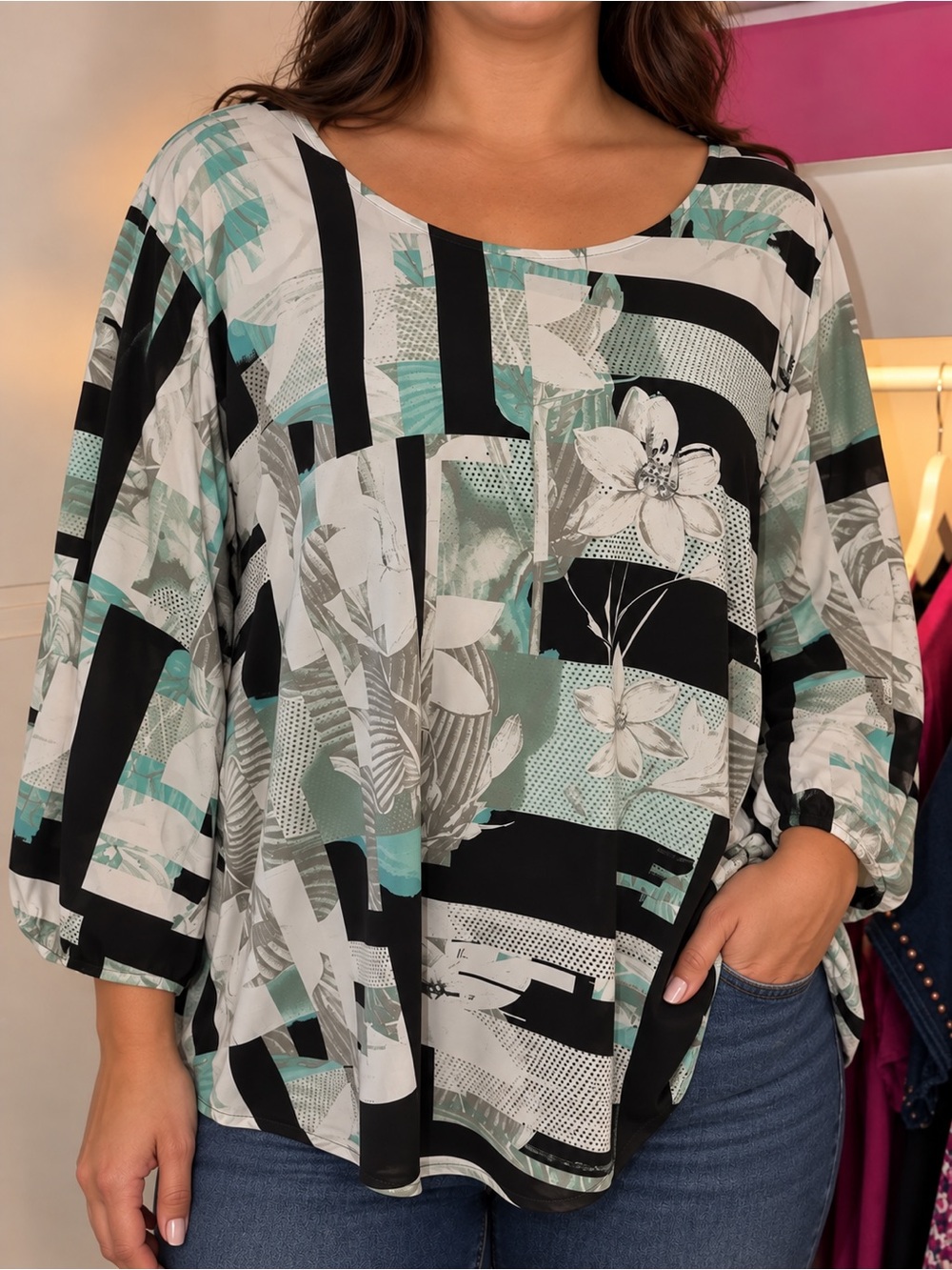 Style & Co. Black, White & Teal Printed Tunic